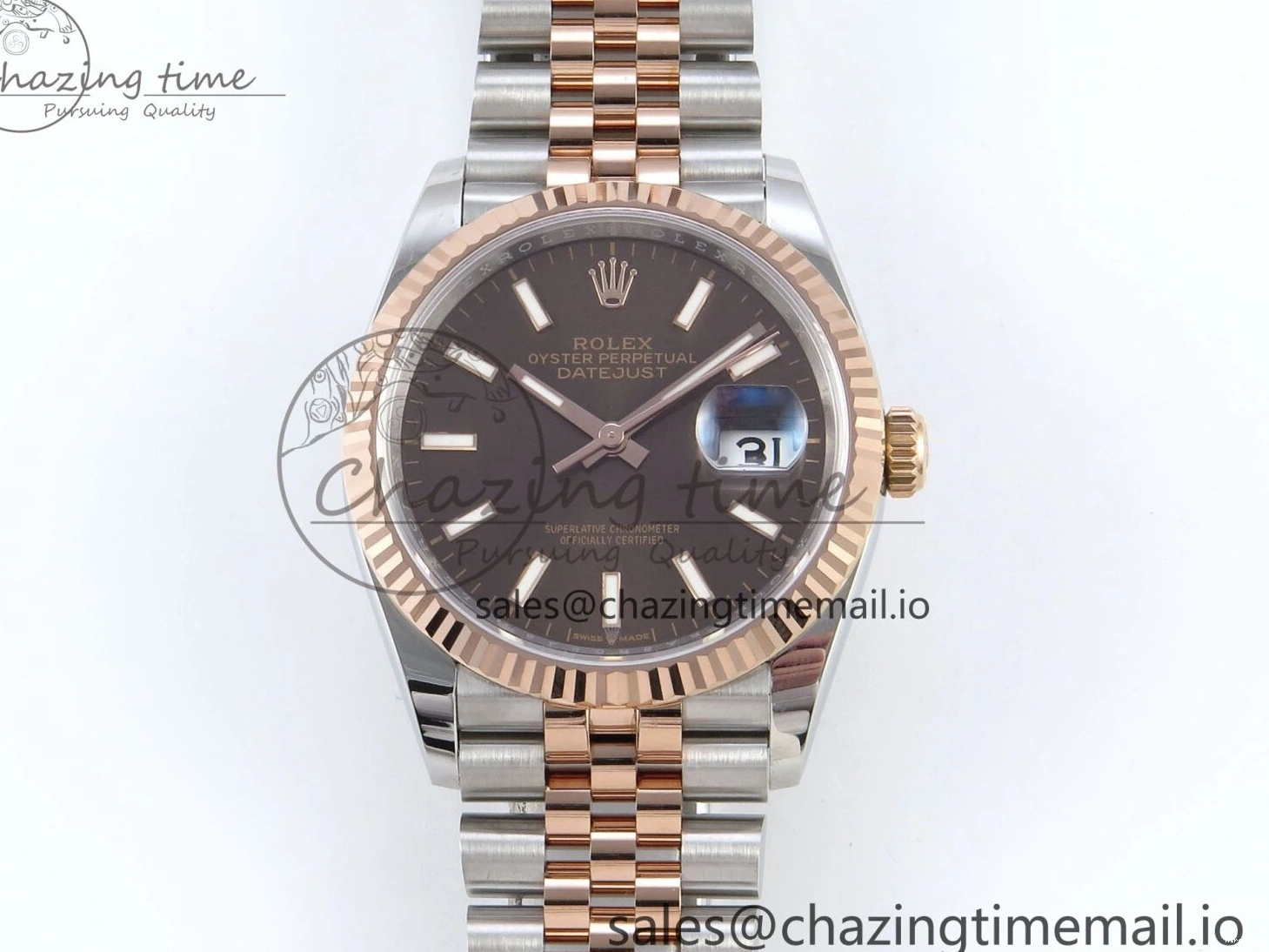 MiroTime 0204 SmoothTexture DateJust 36 126231 EWEF Best Edition Brown Dial Stick Marker on SS RG Jubilee Bracelet A 592